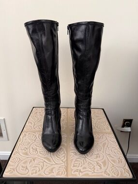 Indigo by Clarks Glossy Black Leather Knee High Heeled Boots